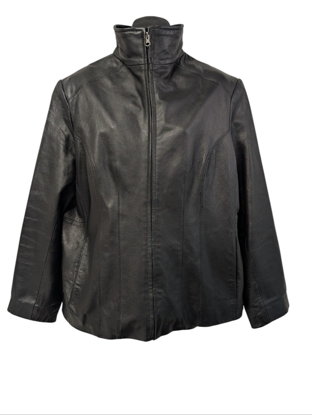 Nine West Women's Genuine Leather Zip Jacket Black Plus Size 1X Stand Collar